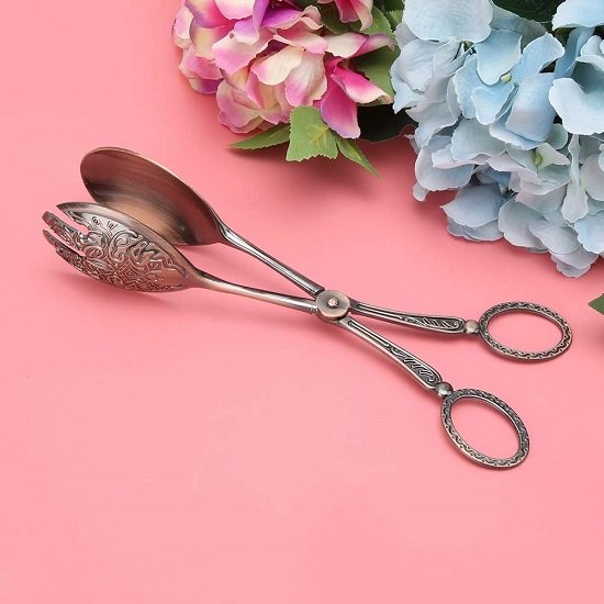 Stainless Steel Food Serving Small Tongs,Kitchen Utensils Multi Functional Clamp Non Slip Cooking Baking Bread Food Clip,Vintage Metal Food Tong (Red Copper Plating)