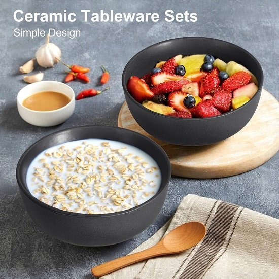 Ceramic Salad Soup Pasta Cereal Bowls 6.5 Inch Stoneware, 27oz Large Bowls Set of 4 for Kitchen, Fruits, Noodle, Salad, Dinner, Oven Microwave Dishwasher Safe Black Gray