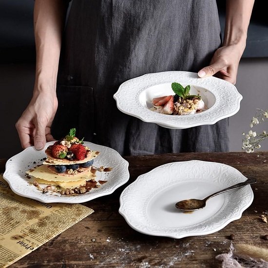 Set of 6 Salad Plate, 8 Inch Porcelain Dessert Serving Plates, Embossed Printing Small Dinner Dish for Pancakes, Steak, Microwave, Dishwasher Safe