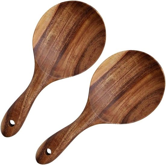 2 Pack Rice Paddle Spoon Natural Wood Non-stick Rice Scooper with Round Shallow Head Food Service Spoon Kitchen Utensils for Rice Potato Salads Desserts, 7 Inch