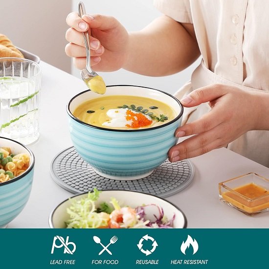 24oz Stoneware Cereal Bowls 5.5 Inch Microwave & Dishwasher Safe Lead-free Soup Bowls Blue Bowls Kitchen Bowl