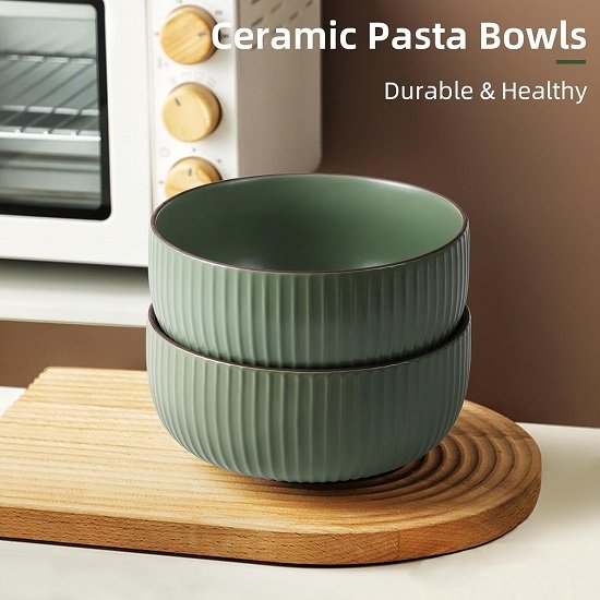 Ceramic Soup Bowls Pasta Salad Cereal Bowls 7 Inch Set of 4, 46oz Large Bowls for Kitchen, Dishwasher Microwave Oven Safe, Noodle Ramen Fruits Oatmeal Rice Green