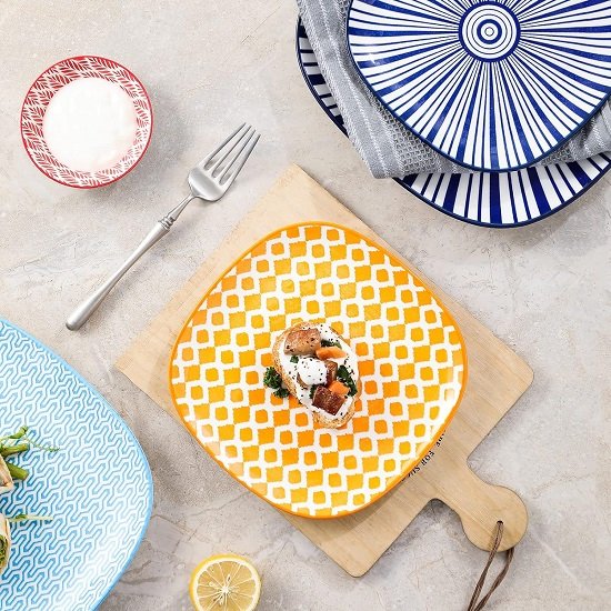 Porcelain Square Dessert Salad Pasta Plates 7.6 inches ceramic plates set of 6 microwave/dishwasher/oven safe, Assorted Colors