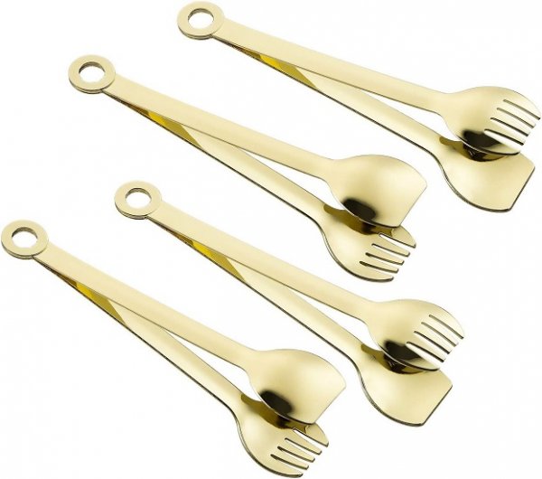 Mini Appetizer Tongs Stainless Steel Set of 4, Gold Plated Small Serving Tongs, 6 Inch(15.2cm, Golden)